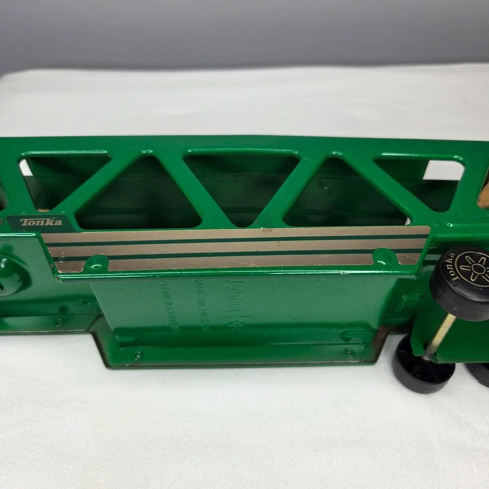 Vtg 1982 Tonka Metallic Green Pressed Steel Semi Car Trailer 58070 12